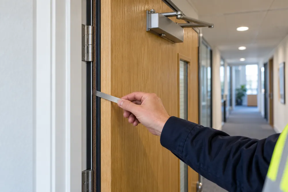 Measuring a timber fire door clearance as part of a Newcastle commercial inspection