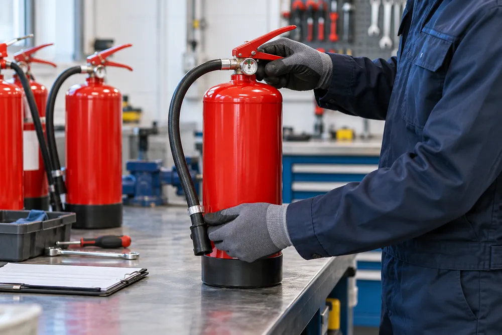 Workshop bench inspection of portable firefighting equipment for Newcastle business premises