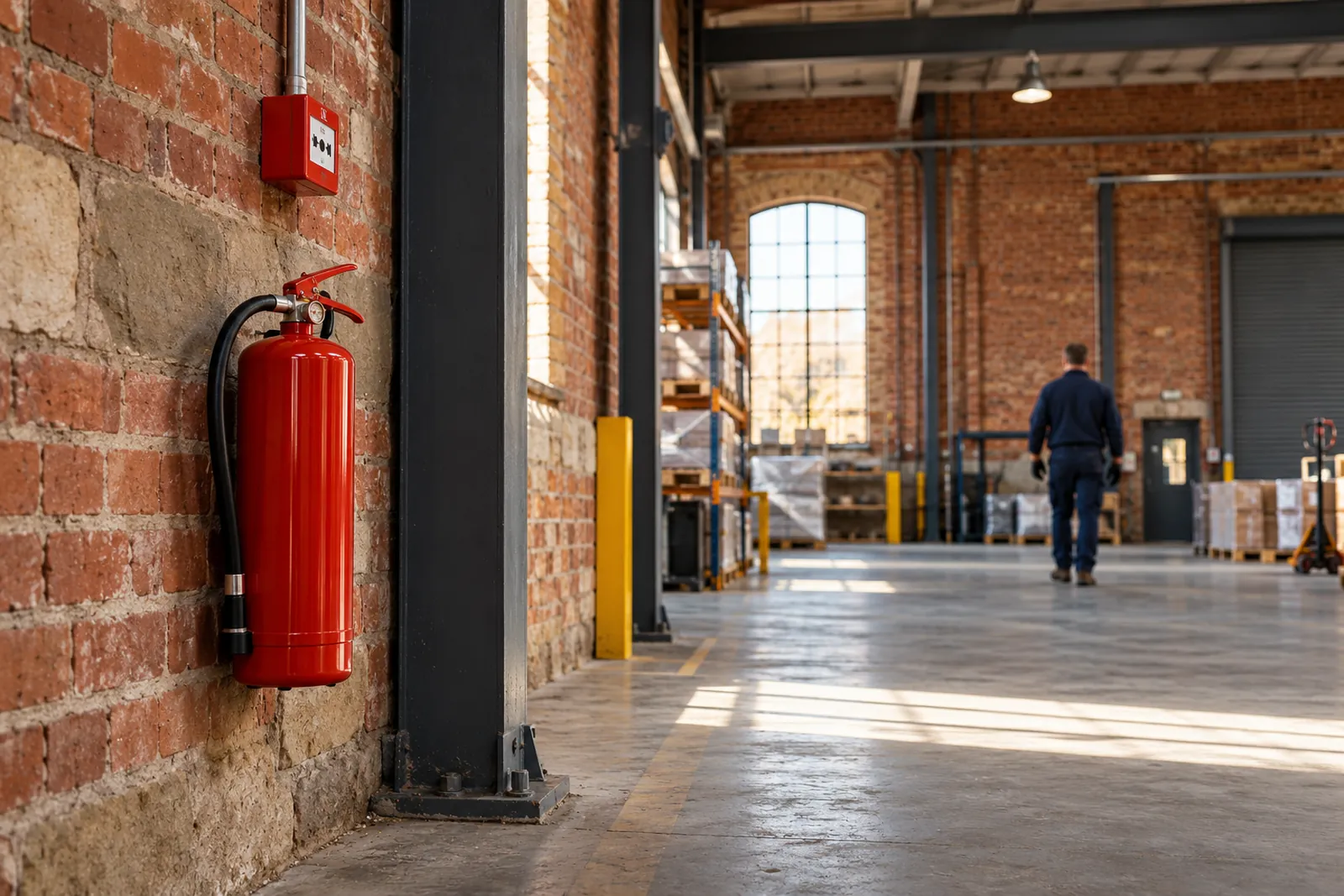 Extinguisher station and alarm controls in a brick warehouse, illustrating Newcastle workplace fire protection