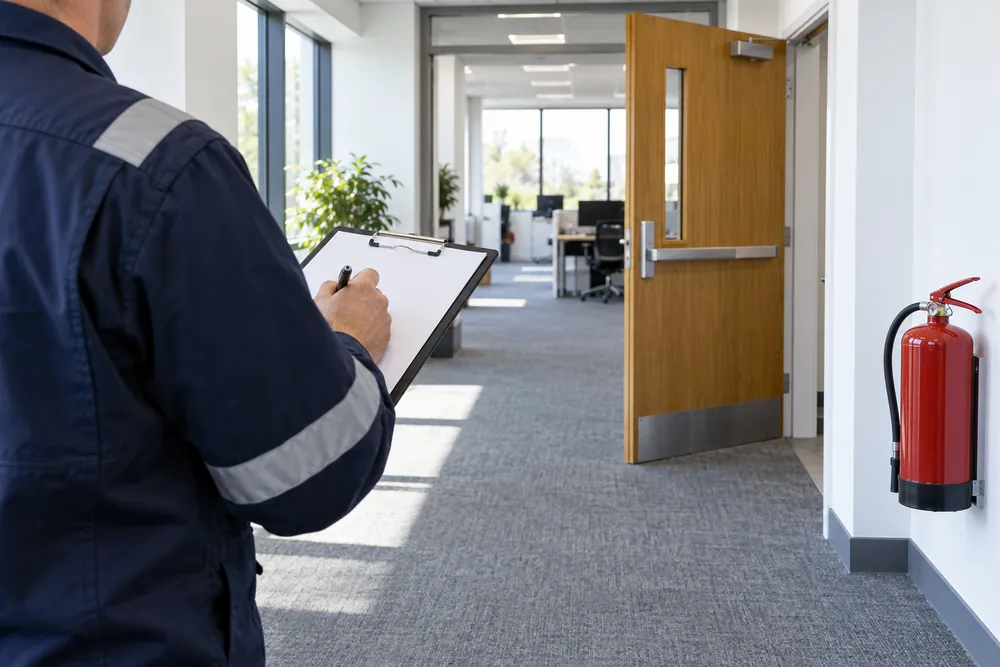 Clipboard survey of an office escape corridor for Newcastle commercial fire safety planning