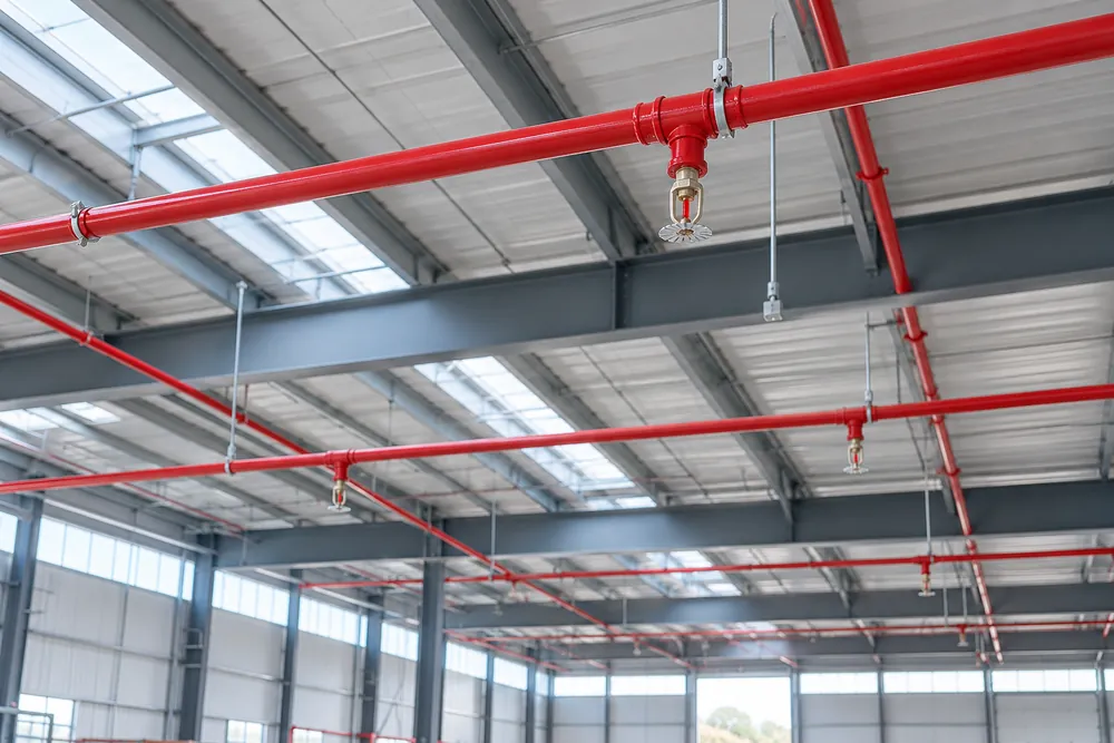 Overhead sprinkler heads and red supply pipes illustrating protection for Newcastle industrial buildings